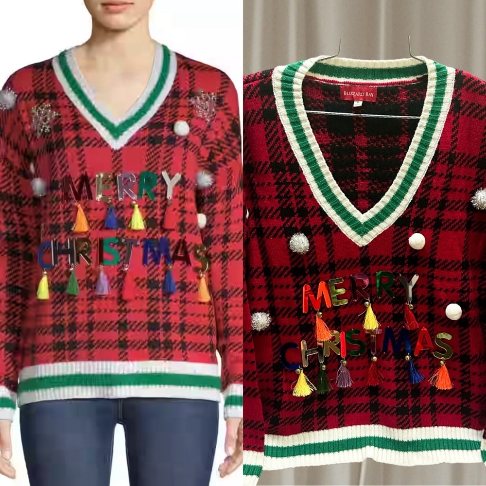 BLIZZARD BAY Women’s Christmas Holiday Red Plaid V-Neck Sweater with Tassels XL
